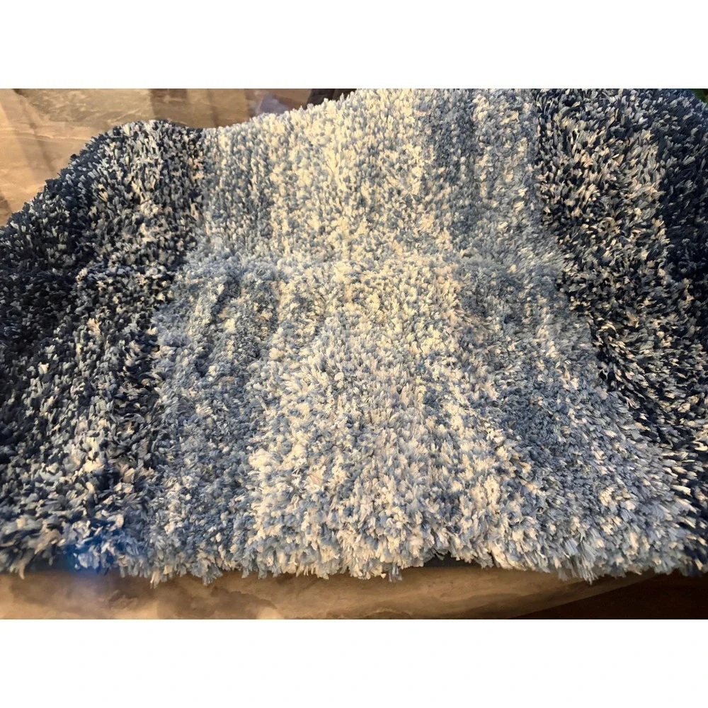 Plush Shaggy Bath Mat Rug Navy Blue Ombre Stripe Soft Absorbent‎ Non Slip